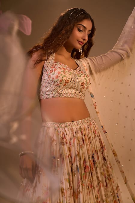 Buy_Samyukta Singhania_Off White Chiffon, Silk, Tissue Embroidery Round Neck Floral Hand Lehenga Set _Online_at_Aza_Fashions