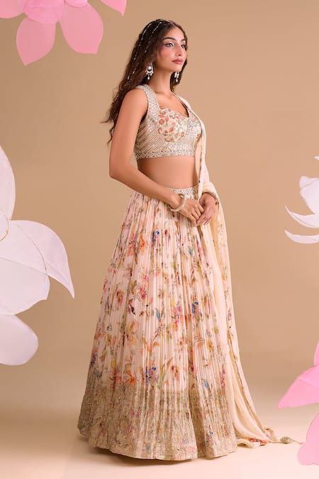 Shop_Samyukta Singhania_Off White Chiffon, Silk, Tissue Embroidery Round Neck Floral Hand Lehenga Set _Online_at_Aza_Fashions