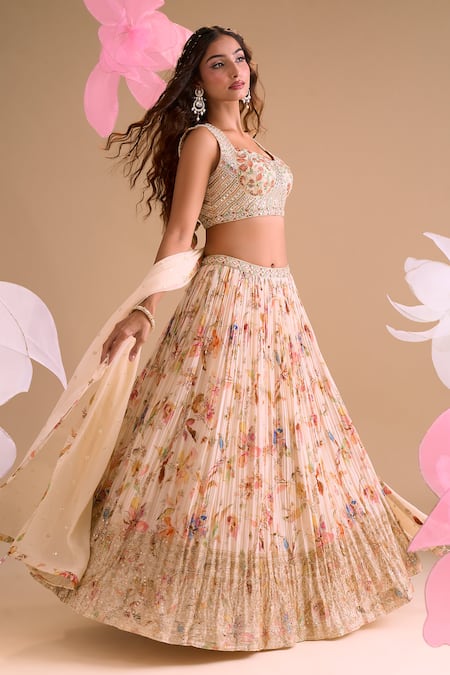 Shop_Samyukta Singhania_Off White Chiffon, Silk, Tissue Embroidery Round Neck Floral Hand Lehenga Set 