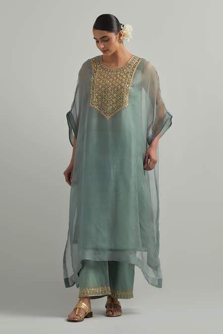 Ikshita Choudhary_Sky Blue Organza, Chanderi Embroidery Round Neck Hand Kaftan Set _Online_at_Aza_Fashions
