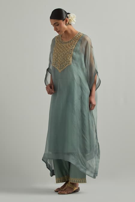 Buy_Ikshita Choudhary_Sky Blue Organza, Chanderi Embroidery Round Neck Hand Kaftan Set _Online_at_Aza_Fashions