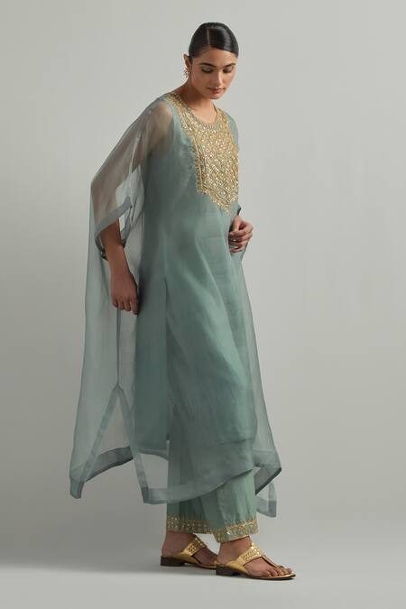 Shop_Ikshita Choudhary_Sky Blue Organza, Chanderi Embroidery Round Neck Hand Kaftan Set _Online_at_Aza_Fashions