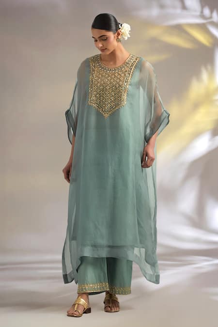 Ikshita Choudhary Sky Blue Organza, Chanderi Embroidery Round Neck Hand Kaftan Set 