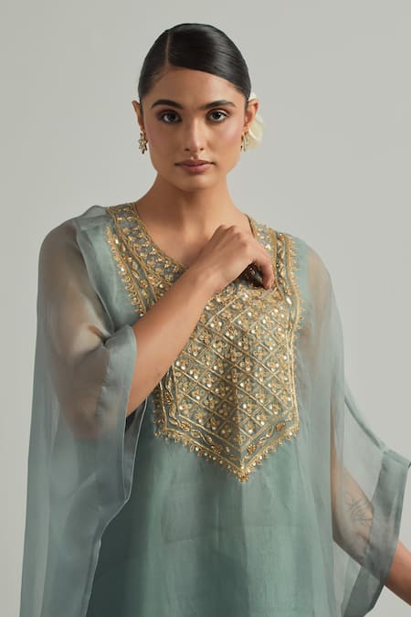 Ikshita Choudhary_Sky Blue Organza, Chanderi Embroidery Round Neck Hand Kaftan Set _at_Aza_Fashions