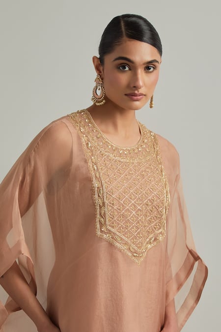 Buy_Ikshita Choudhary_Pink Organza, Chanderi Embroidery Round Neck Dust Hand Kaftan Set _Online_at_Aza_Fashions
