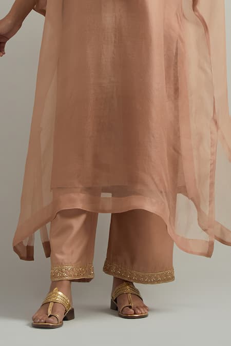 Shop_Ikshita Choudhary_Pink Organza, Chanderi Embroidery Round Neck Dust Hand Kaftan Set _Online_at_Aza_Fashions