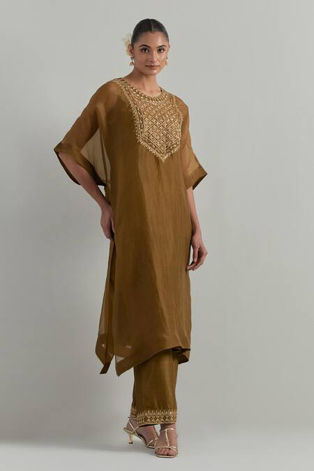 Buy_Ikshita Choudhary_Brown Organza, Chanderi Embroidery Round Neck Mud Hand Kaftan Set _Online_at_Aza_Fashions