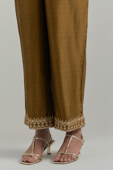 Shop_Ikshita Choudhary_Brown Organza, Chanderi Embroidery Round Neck Mud Hand Kaftan Set _Online_at_Aza_Fashions