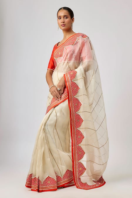 Priyal Prakash_Ivory Silk Organza, Polyester, _Online_at_Aza_Fashions