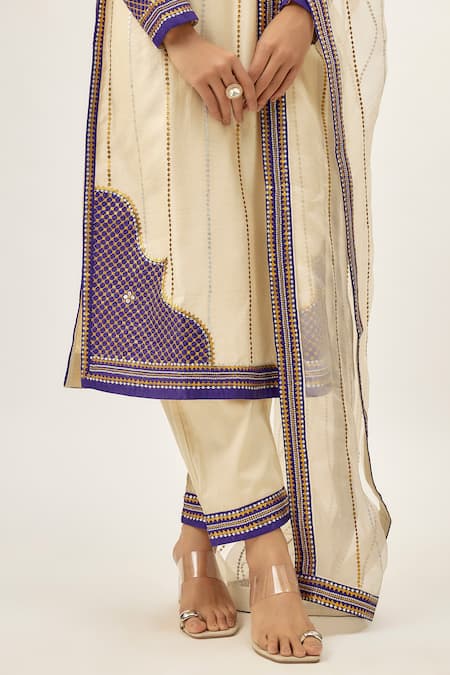 Shop_Priyal Prakash_Ivory Chanderi, Cotton, And Jaal And Violet _Online_at_Aza_Fashions
