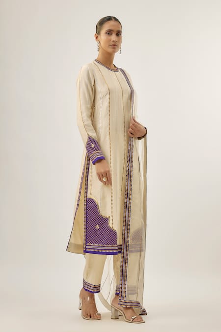 Buy_Priyal Prakash_Ivory Chanderi, Cotton, And Jaal And Violet 