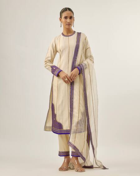 Shop_Priyal Prakash_Ivory Chanderi, Cotton, And Jaal And Violet 