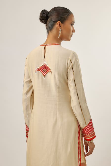 Buy_Priyal Prakash_Ivory Chanderi, Cotton, And Jaal And Orange _Online_at_Aza_Fashions