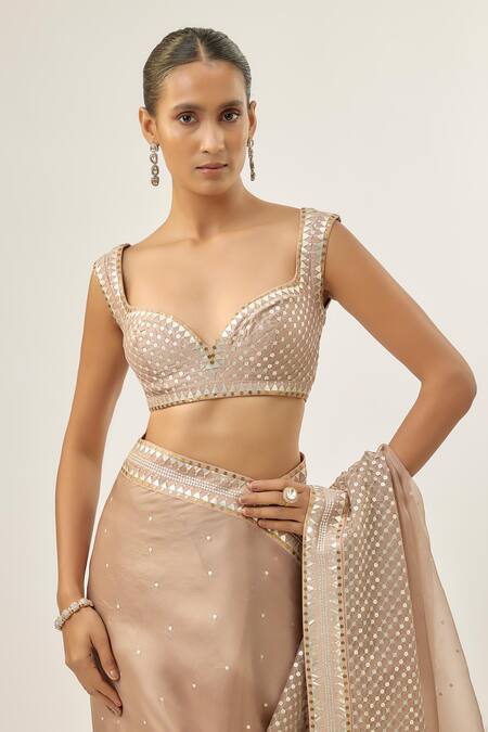 Buy_Priyal Prakash_Taupe Silk Organza, Chanderi, _Online_at_Aza_Fashions