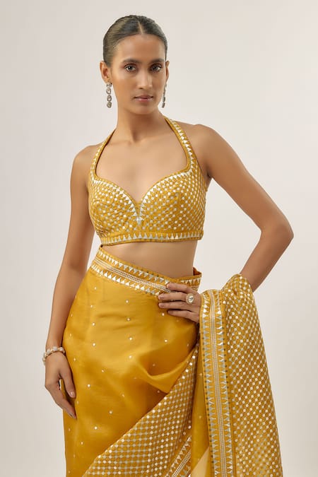 Buy_Priyal Prakash_Mustard Silk Organza, Chanderi, _Online_at_Aza_Fashions
