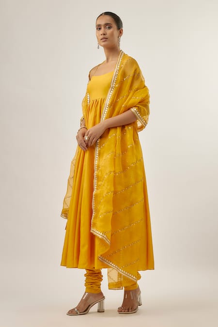 Buy_Priyal Prakash_Yellow Chanderi, Slant Lines Dupatta And Mango _Online_at_Aza_Fashions
