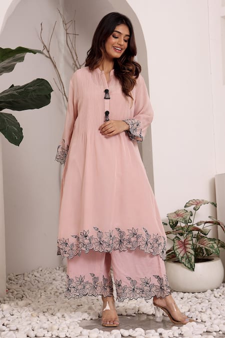 Sonali Methi Pink Chanderi Embroidery Collared Light Kurta Set 