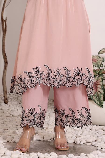 Shop_Sonali Methi_Pink Chanderi Embroidery Collared Light Kurta Set _Online_at_Aza_Fashions