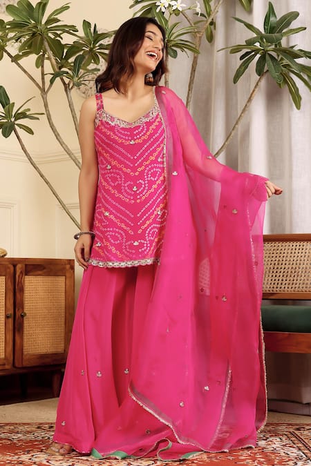 Shop_Sonali Methi_Pink Chinon, Crepe Sequins, Embroidery Scoop Neck Rani Designer Kurta Set _Online_at_Aza_Fashions
