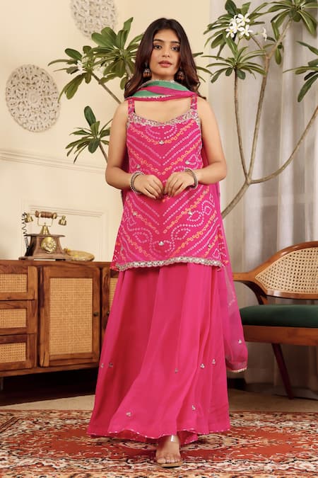 Sonali Methi Pink Chinon, Crepe Sequins, Embroidery Scoop Neck Rani Designer Kurta Set 