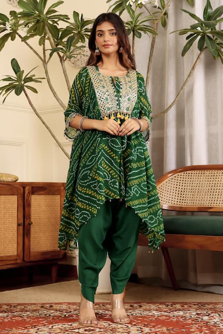 Sonali Methi Green Chinon, Crepe Tassels Round Neck, Keyhole Bottle Designer Kurta Dhoti Set