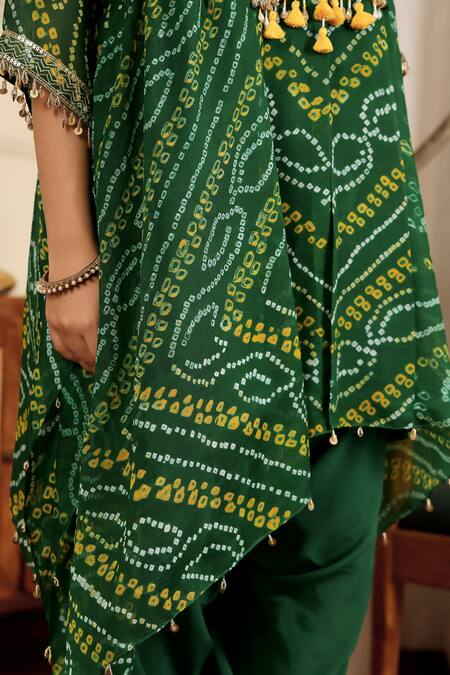 Shop_Sonali Methi_Green Chinon, Crepe Tassels Round Neck, Keyhole Bottle Designer Kurta Dhoti Set _Online_at_Aza_Fashions