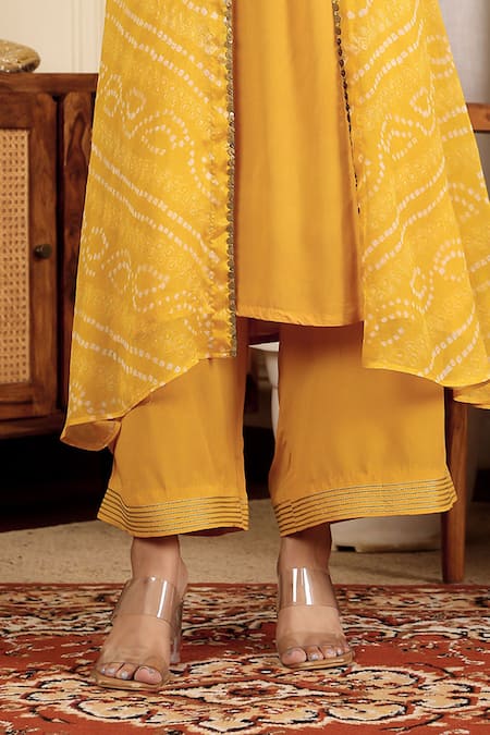 Sonali Methi_Yellow Chinon, Crepe Embroidery Round , Open Kurta Set _Online_at_Aza_Fashions