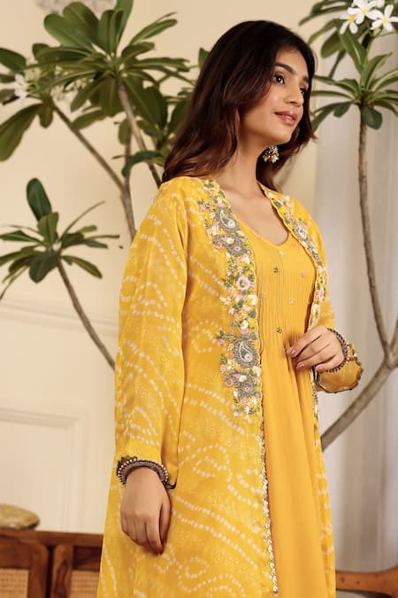 Buy_Sonali Methi_Yellow Chinon, Crepe Embroidery Round , Open Kurta Set _Online_at_Aza_Fashions