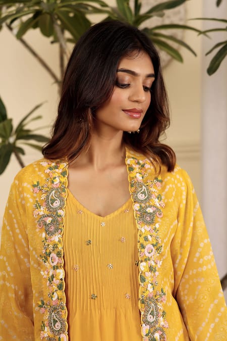Shop_Sonali Methi_Yellow Chinon, Crepe Embroidery Round , Open Kurta Set _Online_at_Aza_Fashions