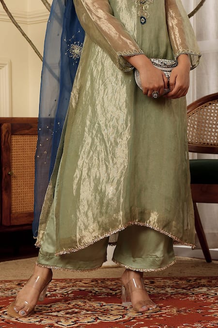 Buy_Sonali Methi_Green Tissue Sequins, Embroidery Split V-neck Designer Kurta Set _Online_at_Aza_Fashions