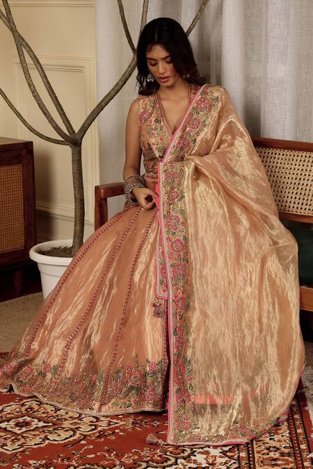 Buy_Sonali Methi_Pink Tissue Embroidery V-neck Lehenga Set _Online_at_Aza_Fashions