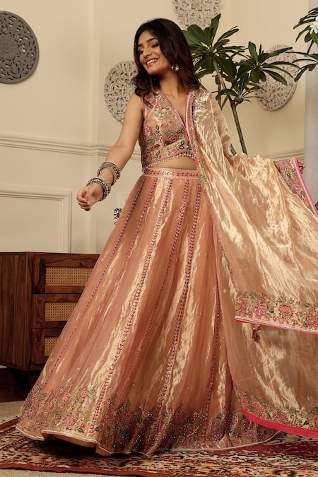 Sonali Methi Pink Tissue Embroidered Lehenga Set 