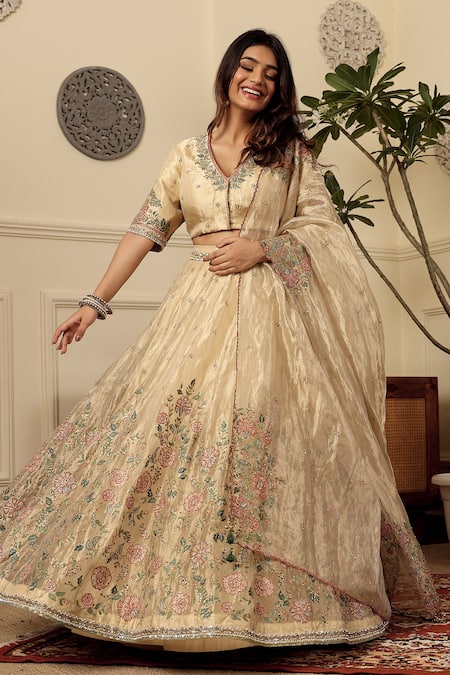 Sonali Methi Gold Tissue Embroidery V-neck Lehenga Set