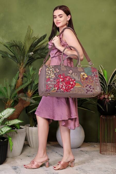 Buy_PickAleaf_Gray Embroidery Designer Garden Grey Duffel Bag _Online_at_Aza_Fashions
