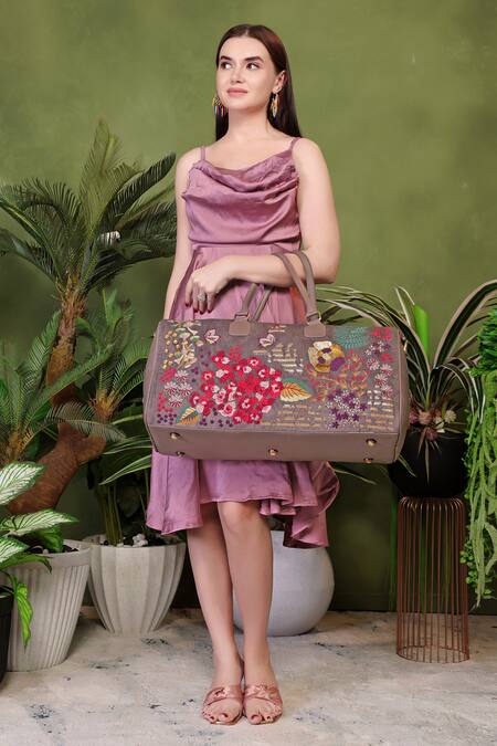 Shop_PickAleaf_Gray Embroidery Designer Garden Grey Duffel Bag _Online_at_Aza_Fashions
