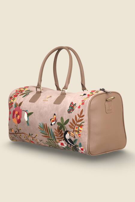 Buy_PickAleaf_Beige Embroidery Mystic Garden Duffel Bag _Online_at_Aza_Fashions