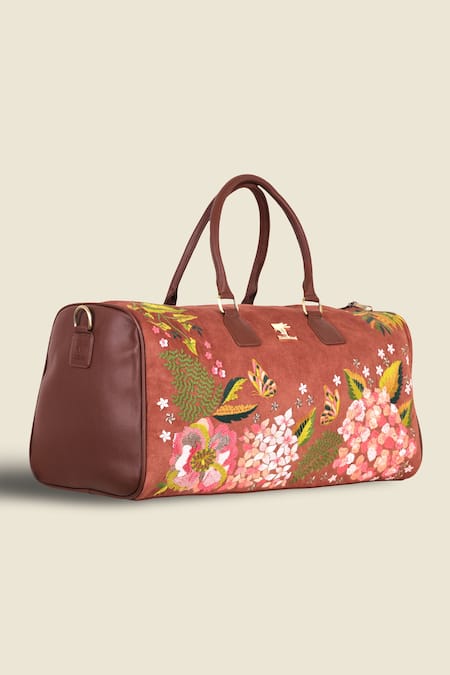 Shop PickAleaf Brown Embroidery Blossom Wood Duffel Bag at Aza Fashions Shop_PickAleaf_Brown Embroidery Blossom Wood Duffel Bag _at_Aza_Fashions
