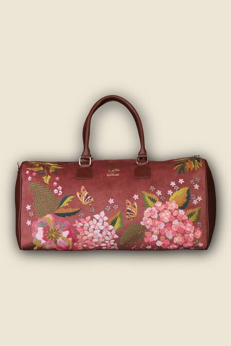 Shop PickAleaf Brown Embroidery Blossom Wood Duffel Bag Online at Aza Fashions Shop_PickAleaf_Brown Embroidery Blossom Wood Duffel Bag _Online_at_Aza_Fashions