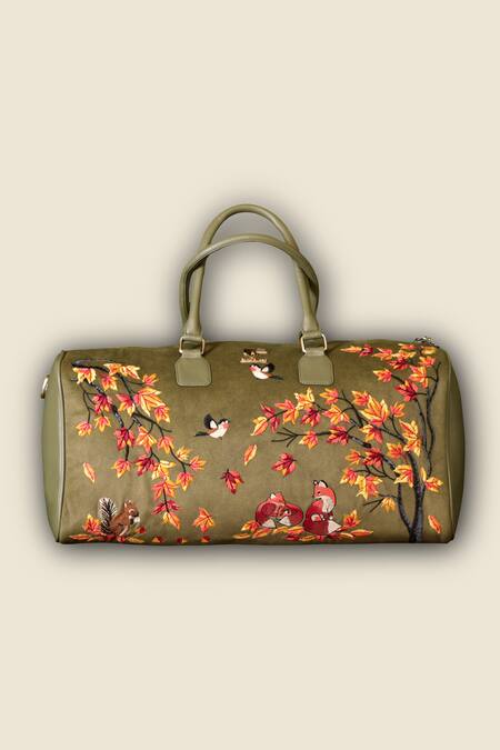 Buy_PickAleaf_Olive Green Embroidery Autumn Whisper Duffel Bag _Online_at_Aza_Fashions