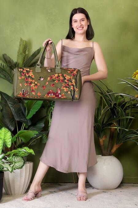 Shop_PickAleaf_Olive Green Embroidery Autumn Whisper Duffel Bag _Online_at_Aza_Fashions