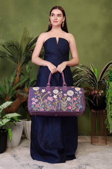 Shop_PickAleaf_Purple Embroidery Daisy Dream Duffel Bag _Online_at_Aza_Fashions