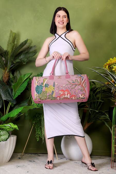 Shop_PickAleaf_Pink Embroidery Paradise Duffel Bag _Online_at_Aza_Fashions
