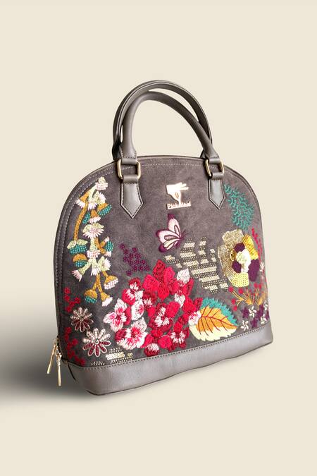 PickAleaf_Gray Embroidery Garden Grey Hand Bag _Online_at_Aza_Fashions