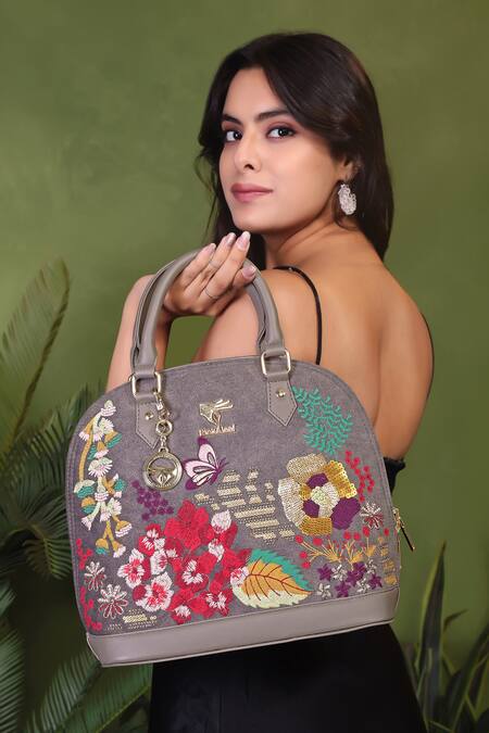 Buy_PickAleaf_Gray Embroidery Garden Grey Hand Bag 