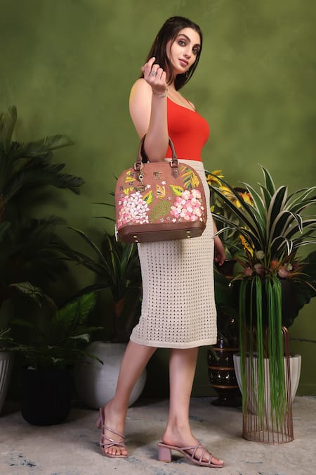 Shop PickAleaf Brown Embroidery Blossom Wood Handbag Online at Aza Fashions Shop_PickAleaf_Brown Embroidery Blossom Wood Handbag _Online_at_Aza_Fashions