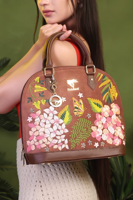 Buy PickAleaf Brown Embroidery Blossom Wood Handbag Buy_PickAleaf_Brown Embroidery Blossom Wood Handbag