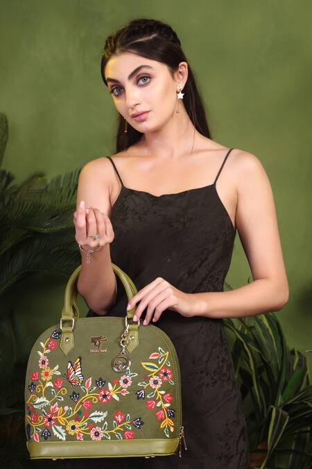 PickAleaf_Olive Green Embroidery Handbag _Online_at_Aza_Fashions