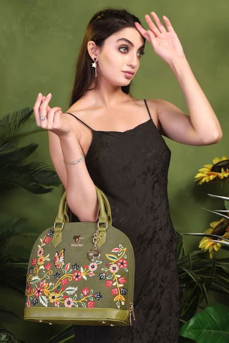 Buy_PickAleaf_Olive Green Embroidery Handbag _Online_at_Aza_Fashions