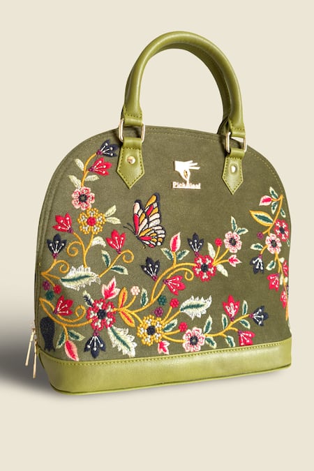 PickAleaf Embroidered Olive Green Handbag 