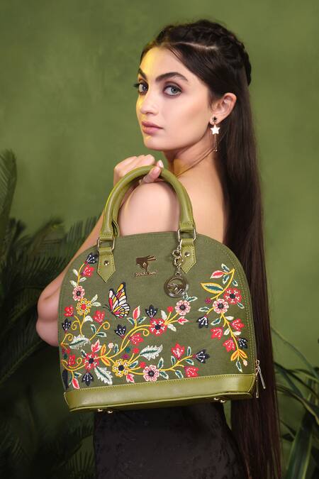 Shop_PickAleaf_Olive Green Embroidery Handbag _Online_at_Aza_Fashions